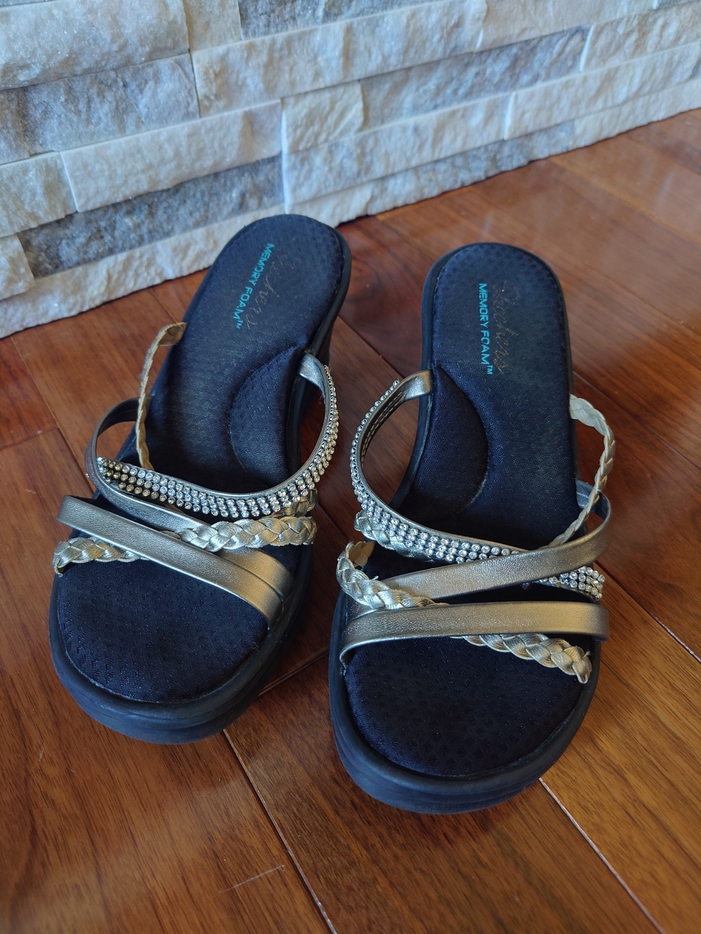 Skechers Memory Foam Womens Gold Slip-On Sandals